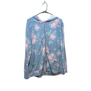 Style & Co. Women Plus Size 1X Blue Floral Printed Hooded Front Pocket Sweater